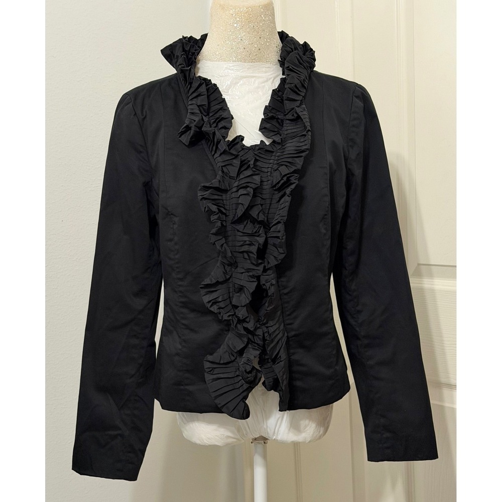 Kenar Womens sz M Black Pleated Ruffle Trim Open Front Blazer Jacket Elegant
